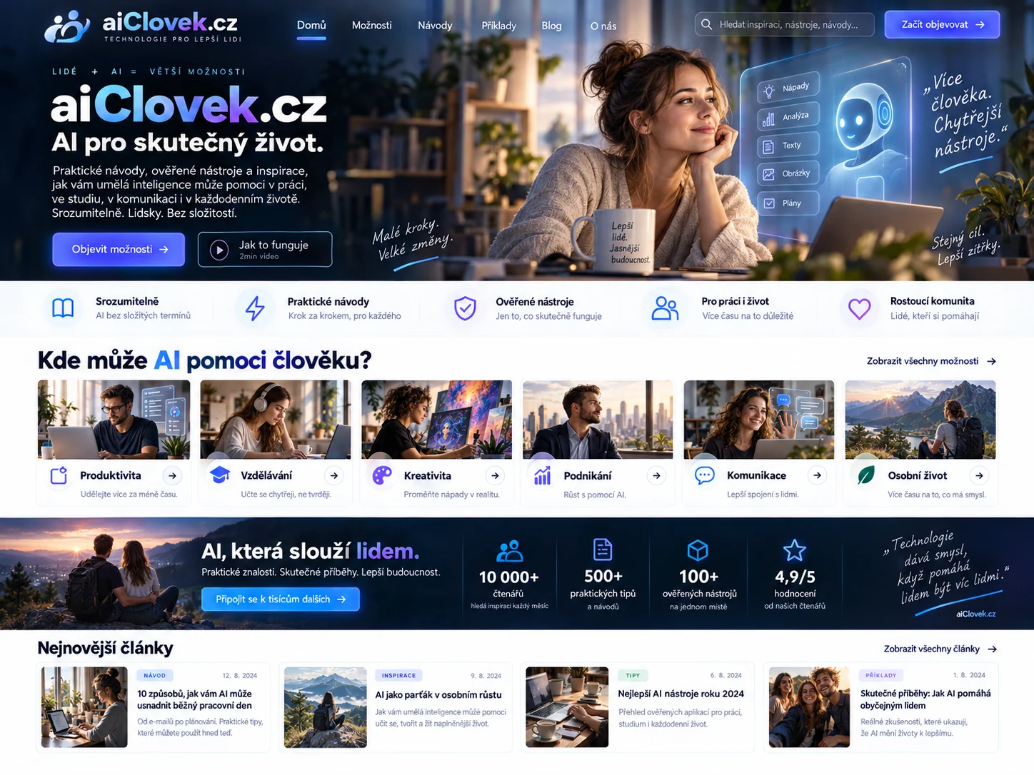 Ilustrační návrh portálu aiClovek.cz o využití AI v každodenním životě